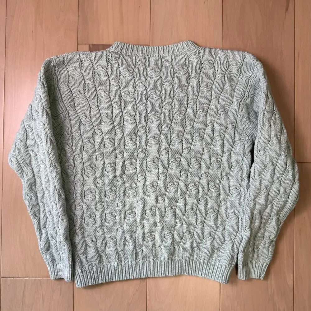 J Crew Cable Knit Sweater Women's Medium Teal Cotton Pullover Minimalist NYC